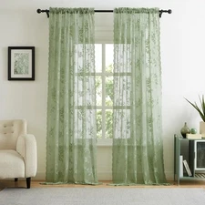 Green Lace Curtains 84" Long Rustic Floral Sheer Rod Pocket, 52x84"