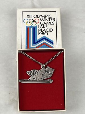 NEW York 1980 Lake Placid Winter Games Ski Jump Pewter Pendant Chain necklace