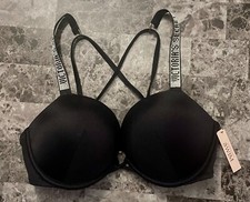 NWT VICTORIA'S SECRET 36DD BLACK SILVER SHINE STRAP BOMBSHELL PUSH UP BIKINI TOP