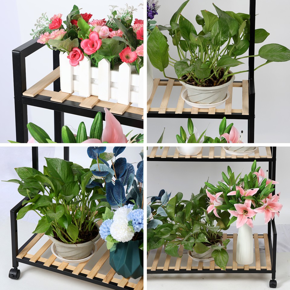 Plant Flower Shelf 3 Tier Plant Display Stand Outdoor Indoor Rolling