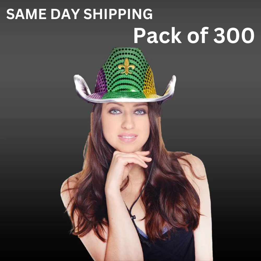 LED Light Up Mardi Gras Sequin Cowboy Hats - Pack of 300 By Party Glowz