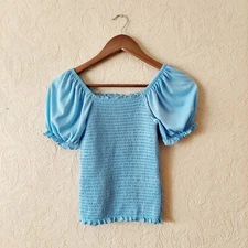 Vero Moda Luci Light Blue Smocked Puff Sleeve Top Sz XS