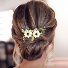 Green Bridal Hair Clip White Enamel Flower Gold Leaf Crystal Wedding Hair Vin...