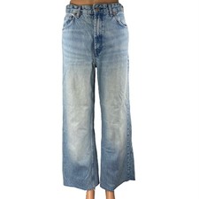 Zara Women's Blue High Waist Frayed Raw Hem Baggy Wide Leg Denim Jeans Pants 6