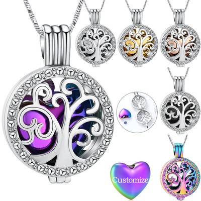 Tree of Life Round w. Heart Urn Pendant Memory Necklace for Cremation Ashes Gift