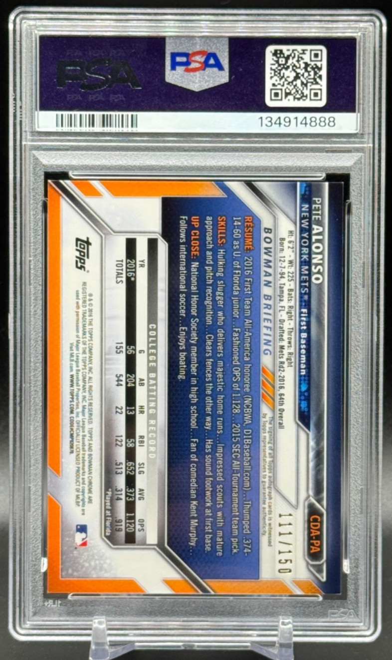 2016 Bowman 1st Chrome Draft Auto PETE ALONSO RC Blue Refractor /150 - PSA 9 view 2