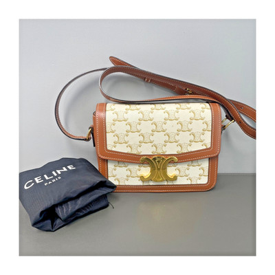 Authentic Celine Triomphe Teen Triomphe Canvas and Calfskin Leather Shoulder