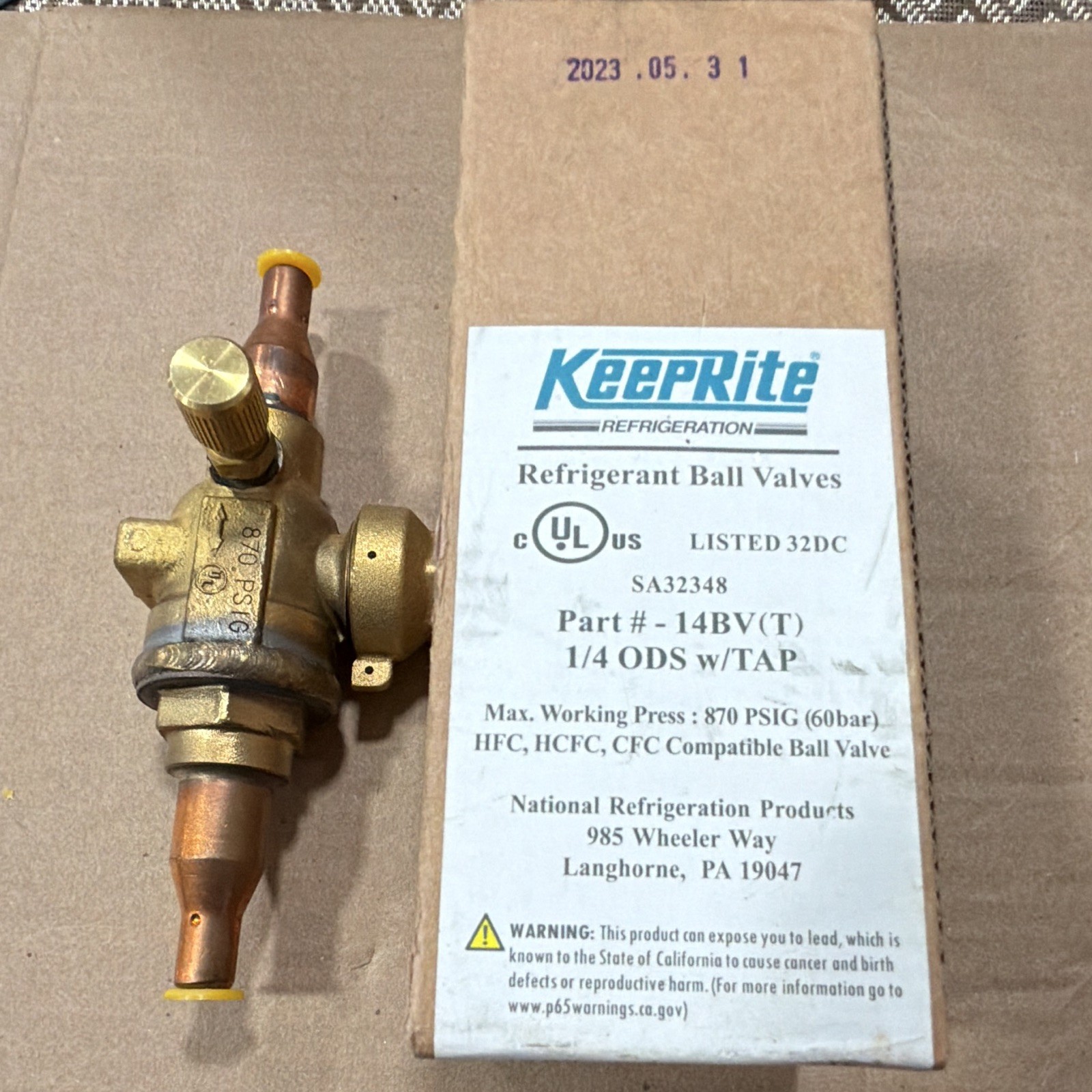 KeepRite Refrigeration Ball Valve 1/4 ODS w/TAP Brass/Copper MPN 14BV(T)