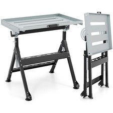 Folding Welding Table w/Tabletop 2 Fixed Wheels 4-Level Height 5 Tilting Angles