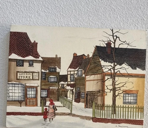 H. HARGROVE Serigraph On Canvas - Village Woman Child Winter Scene 11x14