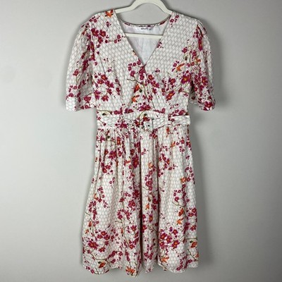 eShakti Belted Wrap Midi Dress Womens Large Floral Bird Pinup Fit & Flare