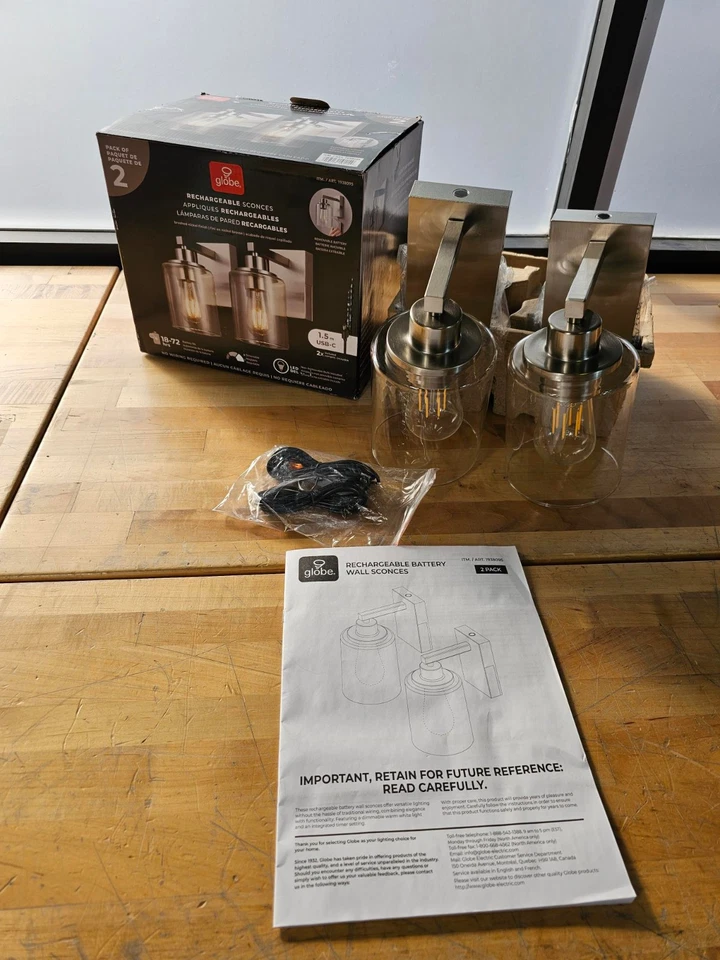 2 PACK - Globe Rechargeable Battery Powered Wall sconce Set - Silver - Image 4 of 4