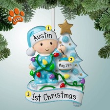 Baby Boy Decorating Tree - Personalized Ornament - Baby's First Christmas