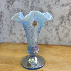 Vintage Fenton Blue Carnival Glass Daffodil Vase Ruffled Top Pedestal Decor