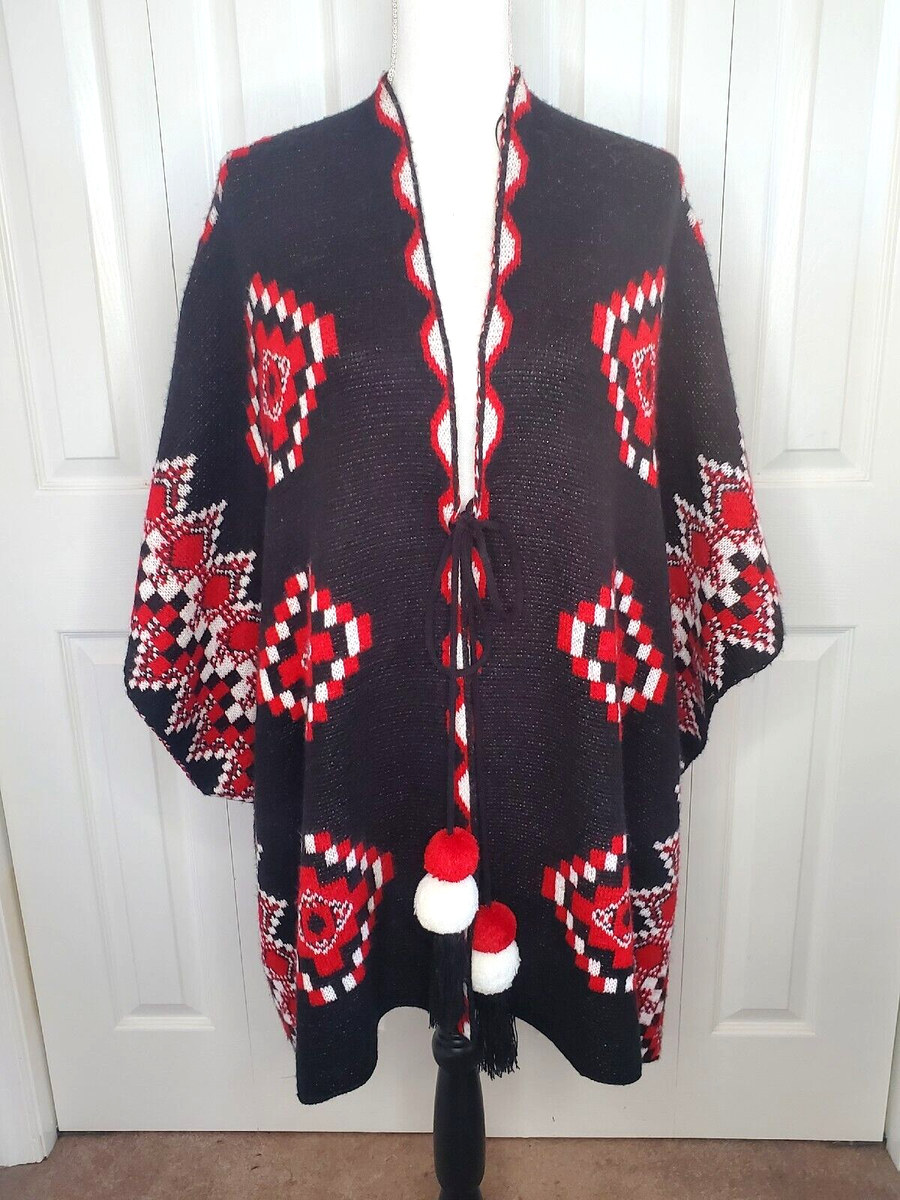 Boho Gypsy Aztec Tribal Knit Poncho Cardigan Wrap Sweater w/Arm