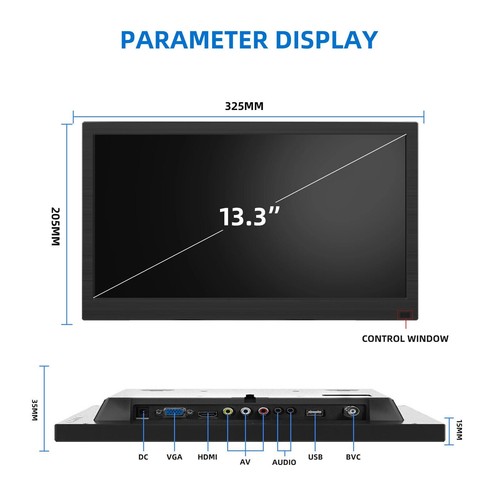13.3" Security HD Monitor 1920x1080 HDMI VGA AV BNC USB Input for CCTV PC Gaming - Picture 6 of 9