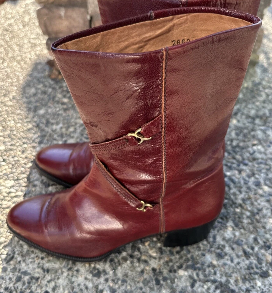 RARO Zapato Dorado Cuero Italiano Coñac con Acento Dorado Botas Estilo Por EN Talla 7 Foto 2 de 4