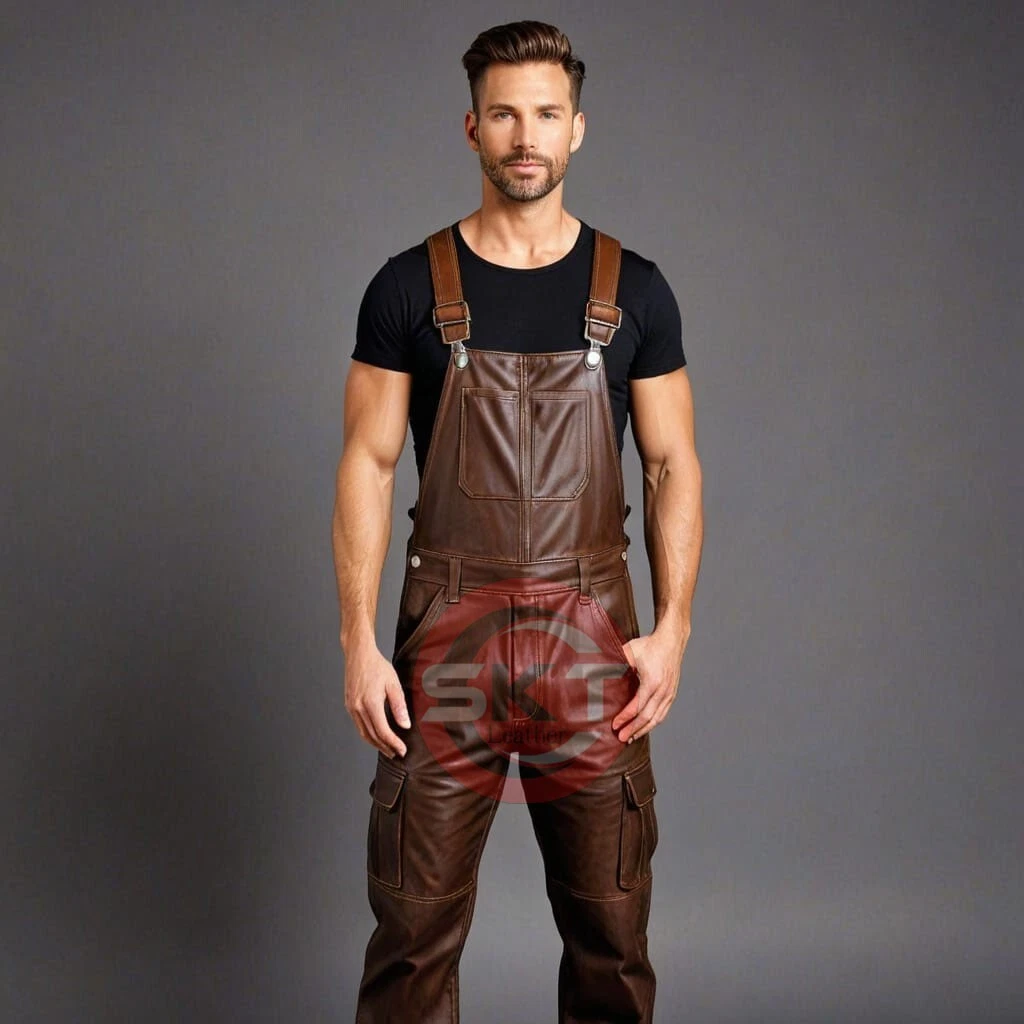 Mens Genuine Soft Leather Brown Bib Overall Dungaree Jumpsuit Suit Uniform Dres