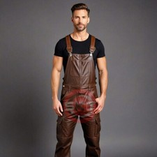 Mens Genuine Soft Leather Brown Bib Overall Dungaree Jumpsuit Suit Uniform Dres