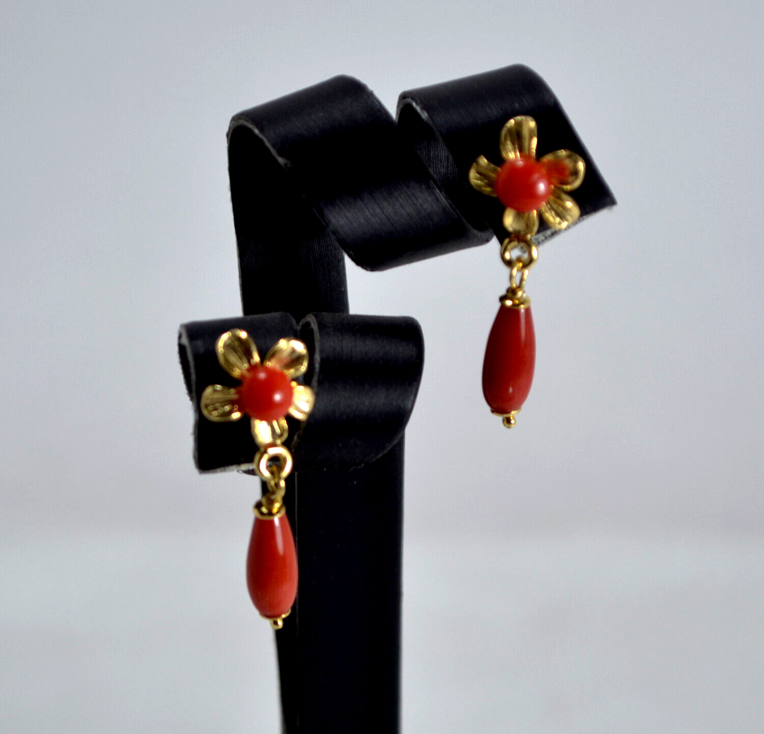 Pendientes Plata 925 Dorado Coral Rojo Flores Y Pendante Aght 0910