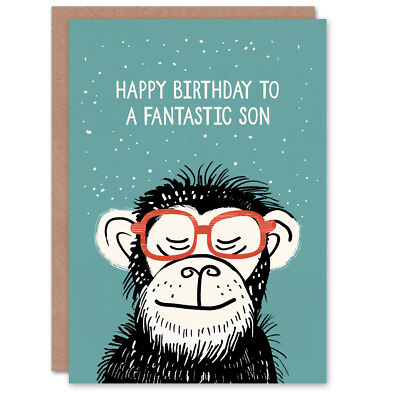 Happy Birthday Karte für einen fantastischen Sohn frecher Schimpanse Nerd Schimpanse Affe