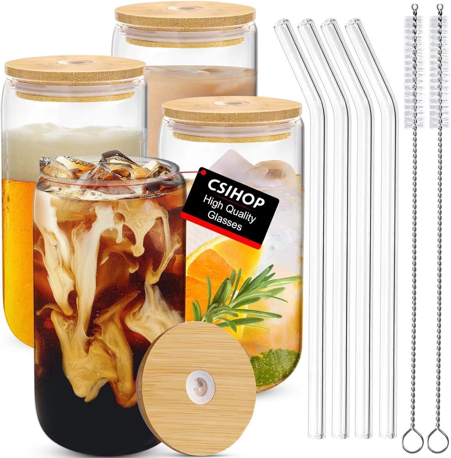 Glass Cups with Bamboo Lids and Glass Straws Set-16oz Can Shaped Drinking  Glasses, Glasses, Iced Coffee Glasses, Cute Tumbler Cup, Ideal for Whiskey, Cocktail,Wine,Gift-2 Cleaning Brushes