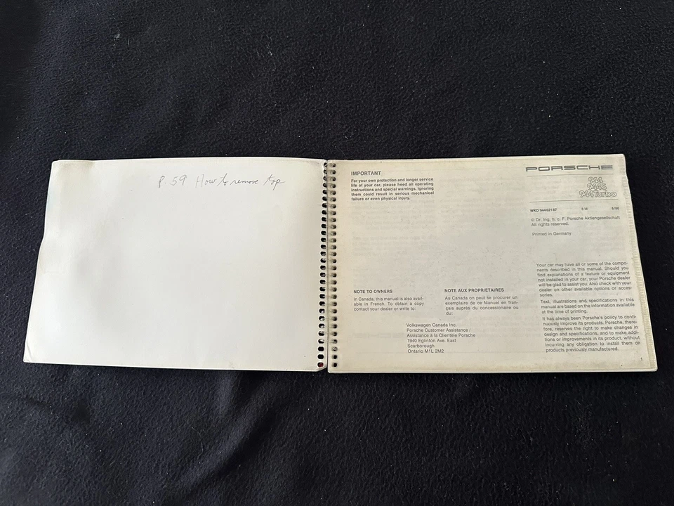 Porsche 944 944S S 1987 turbo manual del propietario original libro de conductores y mantenimiento Foto 3 de 4