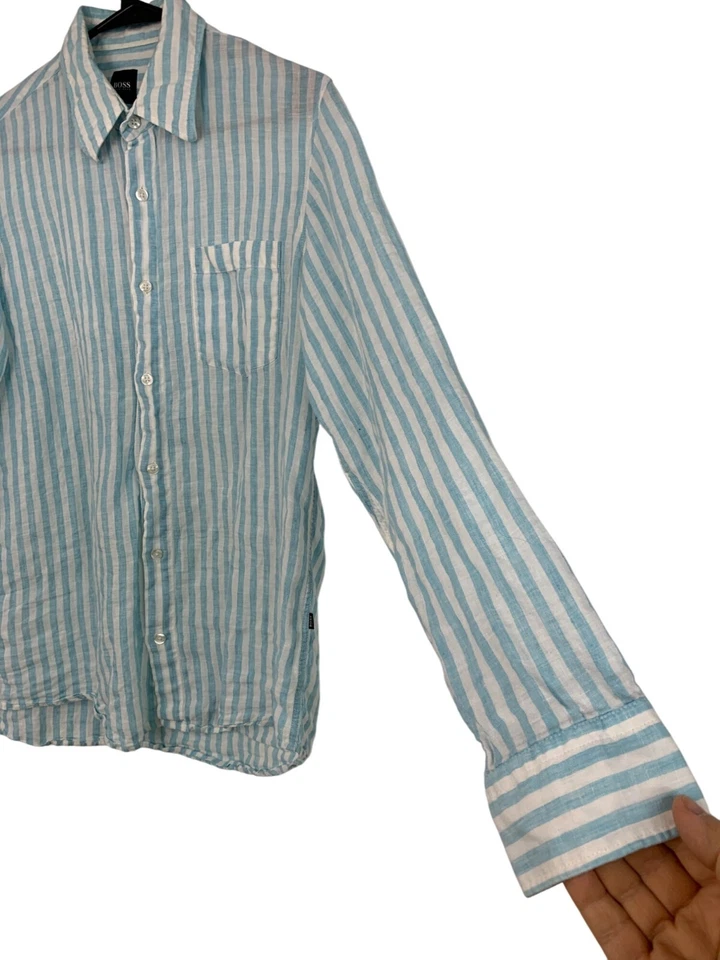 Mens Hugo Boss Blue Stripe 100% Linen Button-Up Sport Shirt M EUC 8881 Vacay - Image 4 of 4