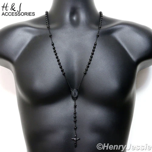 26+5"MEN Stainless Steel 6mm Black Plated Beads Virgin Mary Rosary Necklace*RN11