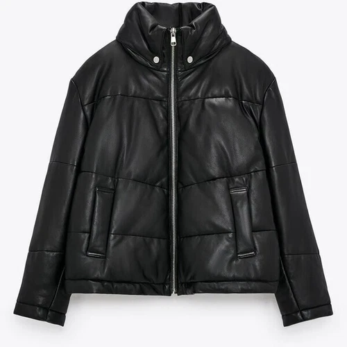 Zara QUILTED LEATHER JACKET Black 4720/221 M NWOT