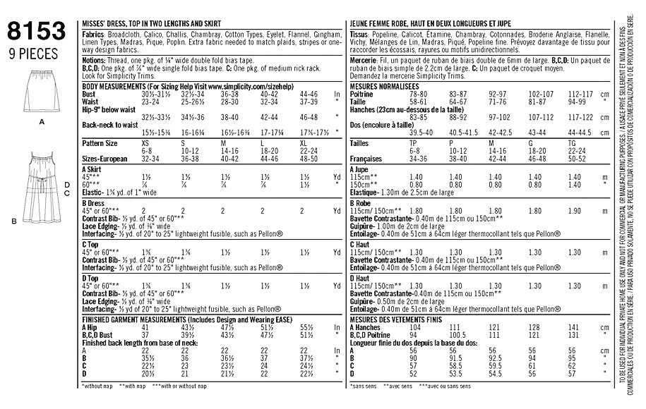 Simplicity 8153 Sz 6-24 BOHO Dress Shirt Skirt Pocket Bow Strappy Pattern - Image 3 of 3