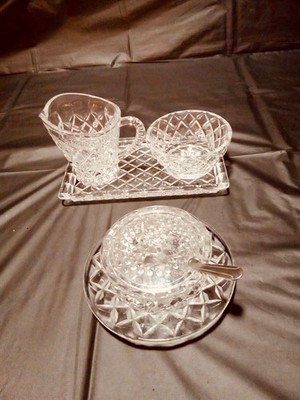 Vintage Bohemia Crystal  Diamond Cut Sugar Bowl & Creamer Set W/ Lidded Jam Bowl