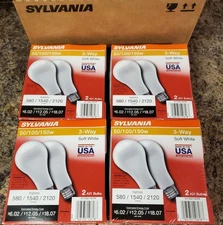 8 Sylvania 3-Way Bulbs (4 BRAND NEW Sealed 2-Packs) 50/100/150w Soft White A21