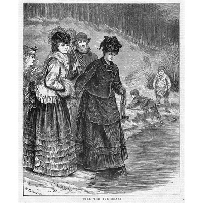 Viktorianisches Damen Eislaufen; Eisstärke testen - antiker Druck 1871