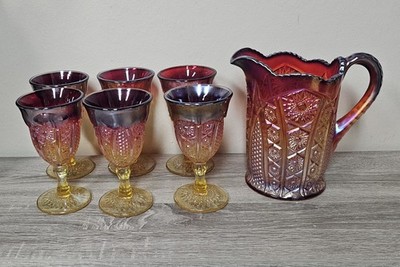 Vintage 1960'S Indiana Glass Heirloom Sunset Pitcher and 6 Goblets