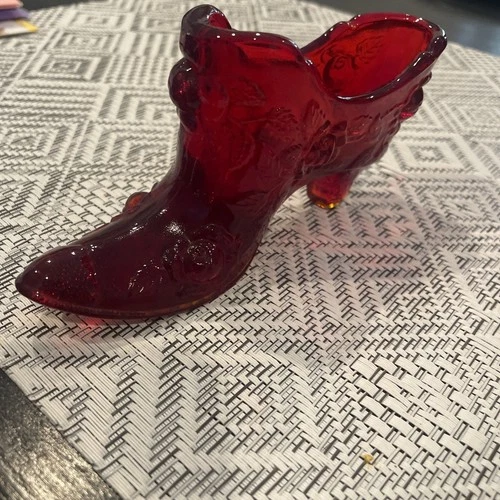 Fenton Vintage Glass Slipper  Ruby Red Cabbage Rose Pattern