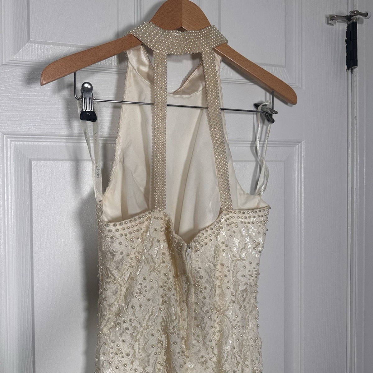 David's Bridal Tropez Wedding Dress Lace Pearl Beaded Halter Size 16  Ivory