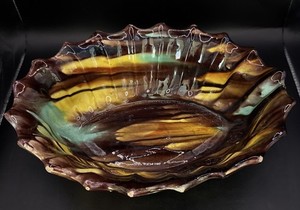 Antique English Pottery Majolica Bowl With Tortoiseshell Glaze 11” X 9” X 3”