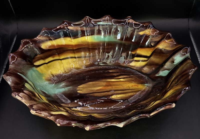 Antique English Pottery Majolica Bowl With Tortoiseshell Glaze 11” X 9” X 3”
