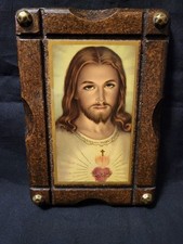 Vintage 70's Sacred Heart Of Jesus Print On Solid Wood Wall Hanging Religious