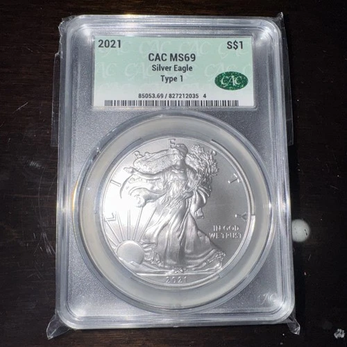 2021 American Silver Eagle CAC MS69 Type 1 GREEN LABEL