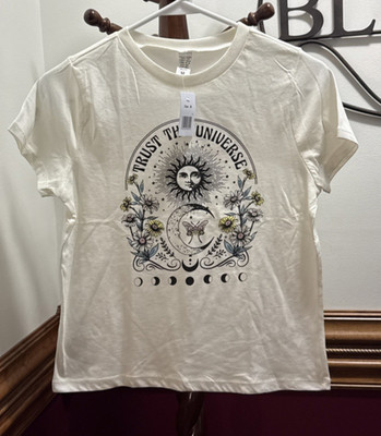 Trust The Universe Women s Graphic T-shirt Crop Cream Size M Short Sleeve Tee