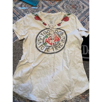 Freeze Womens Too Good To Be True Rose Graphic Lace Up V-Neck T-Shirt Cream L