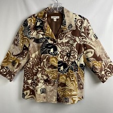 Coldwater Creek Jacket Petite Sz 12 Brown Black Floral Art to Wear Blazer Pleats