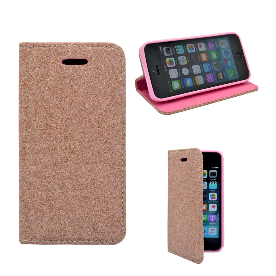 Case For Apple iPhone 5 5S SE Glitter Wallet Flip In Various Colours Pouch Cover - Image 4 of 4