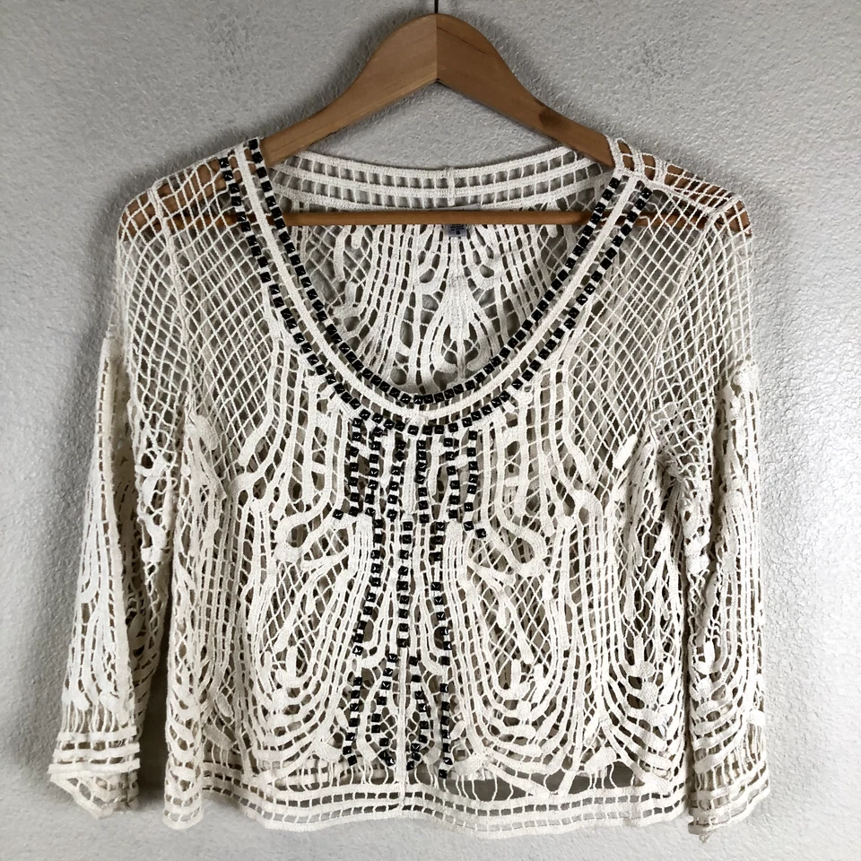 Camisa Ecote Mujer Pequeña Crema Algodón Abierta Crochet Tachonado Detalle Cuello Redondo Boho Foto 4 de 4