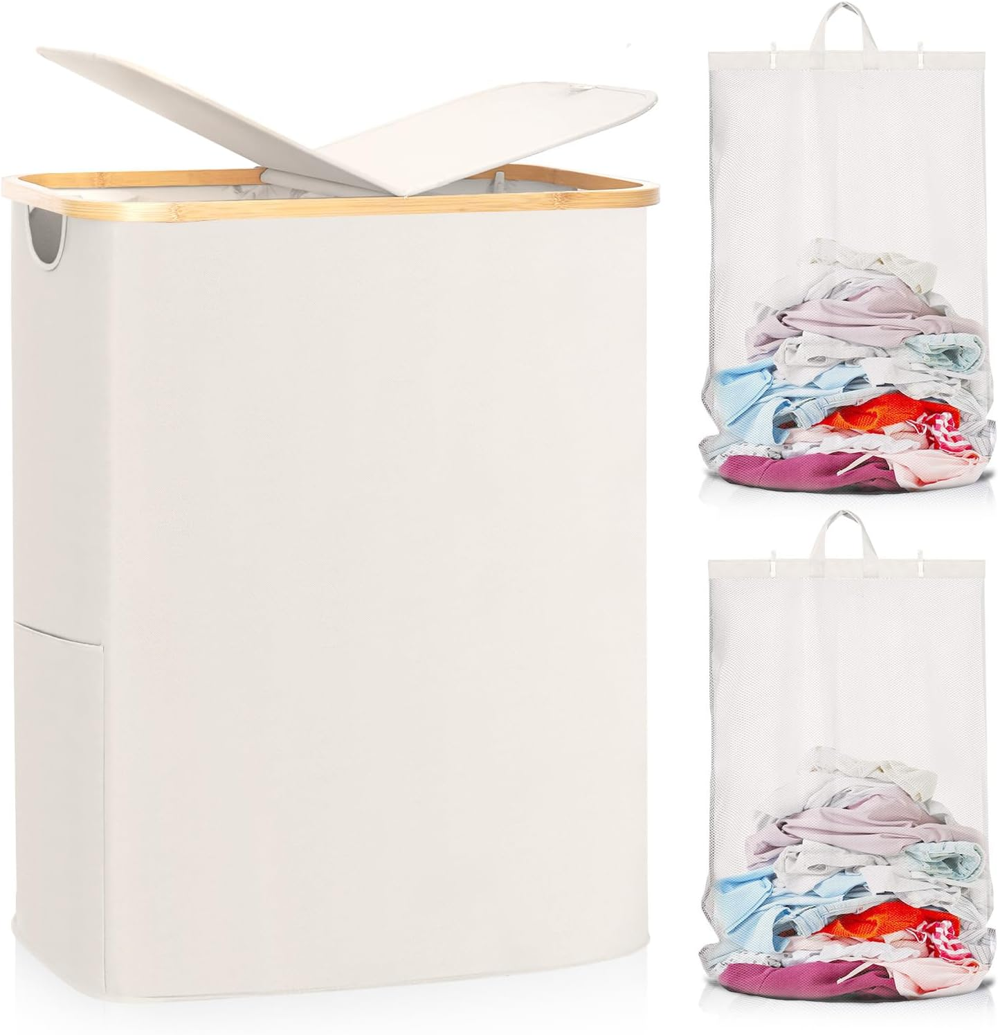150L Double Laundry Hamper with Lid, 2 Removable Foldable Bags-image