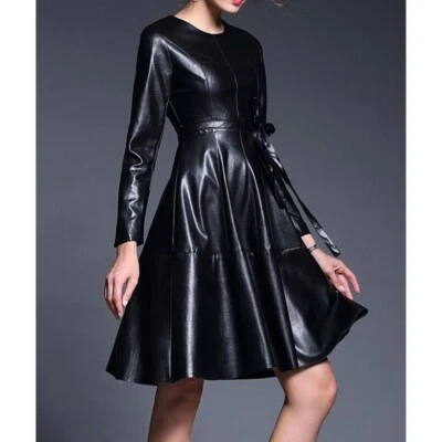 Damen Schwarz Leder Kleid Original Lammleder Damen Mode Übergröße - Bild 1 von 3