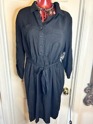 faded glory shirt dress FADED GLORY WOMEN'S SIZE LARGE (12-14) - BLACK SHIRT DRESS- ROLL TAB  SLEEVES-