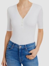 225 ATM Women's White Ribbed Short Sleeve V-Neck Thong Bodysuit Size Medium